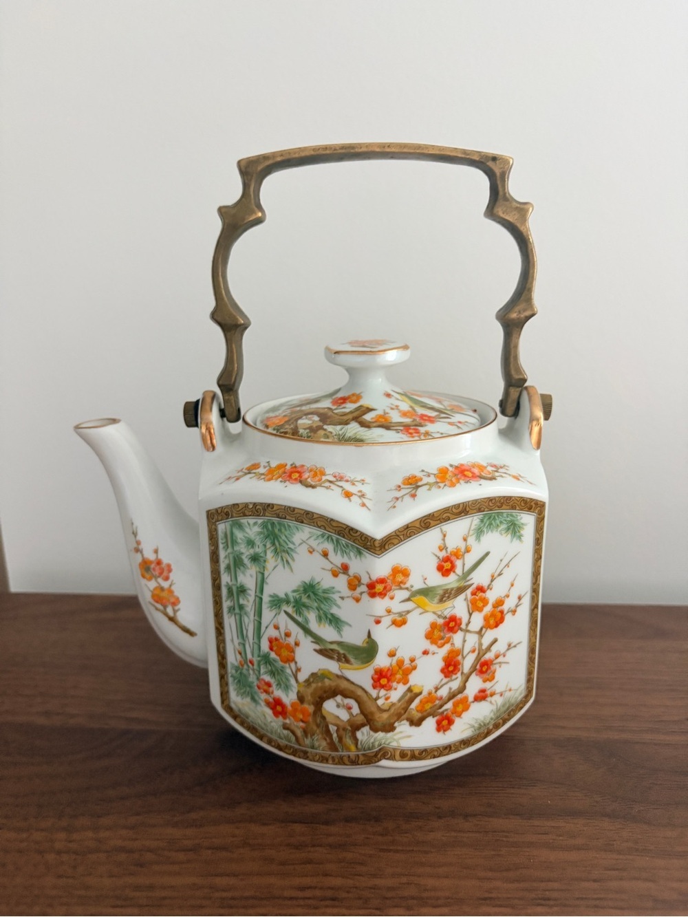 Vintage Shafford Japan Porcelain Hexagonal Teapot with Brass Handle